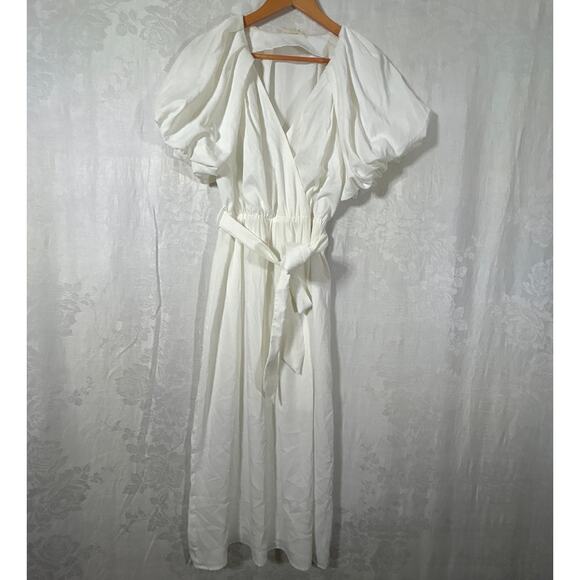 entro Dresses & Skirts - Entro Midi Dress Large White Puff Sleeve Belted Pleated